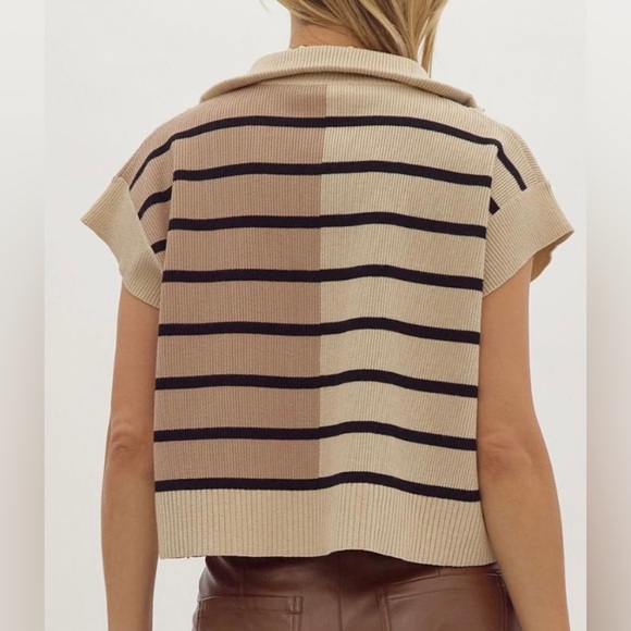 Entro Womens Ecru Multi Sweater Black Tan Half Zip Sz L Short Sleeve Chic Casual - Picture 9 of 9